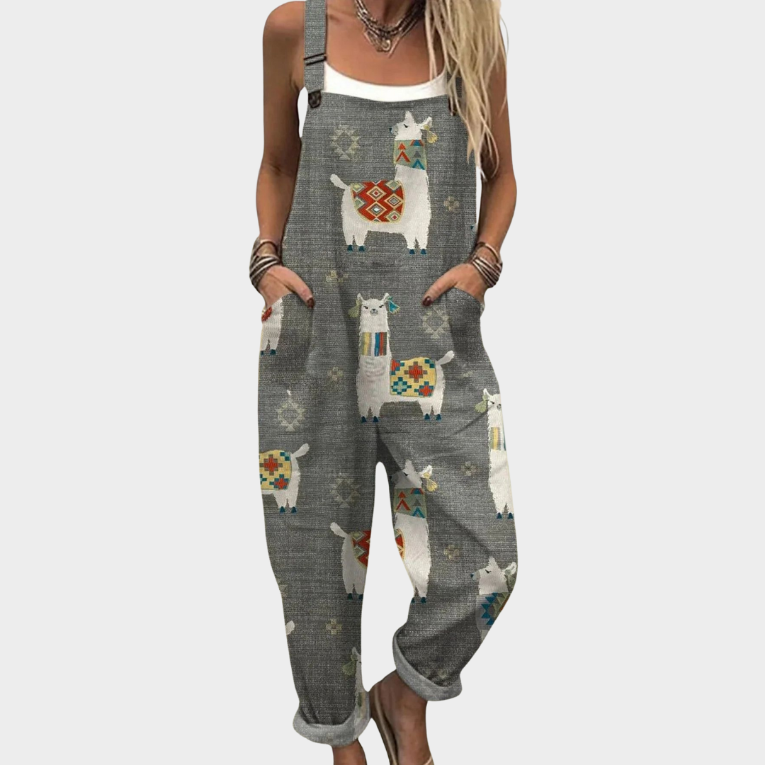 Andrea | Comfortable Gray Strap Printed Jumpsuit