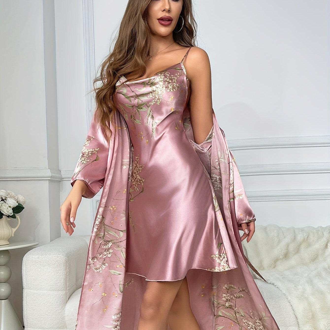 Rosalynn | 2-Piece Floral Satin Camisole & Robe Set