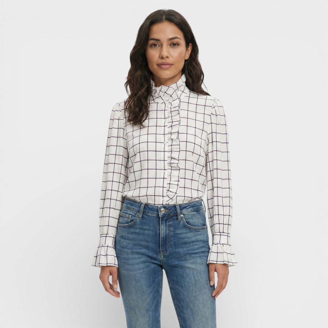 Elegant Ruffled Checkered Blouse for Women