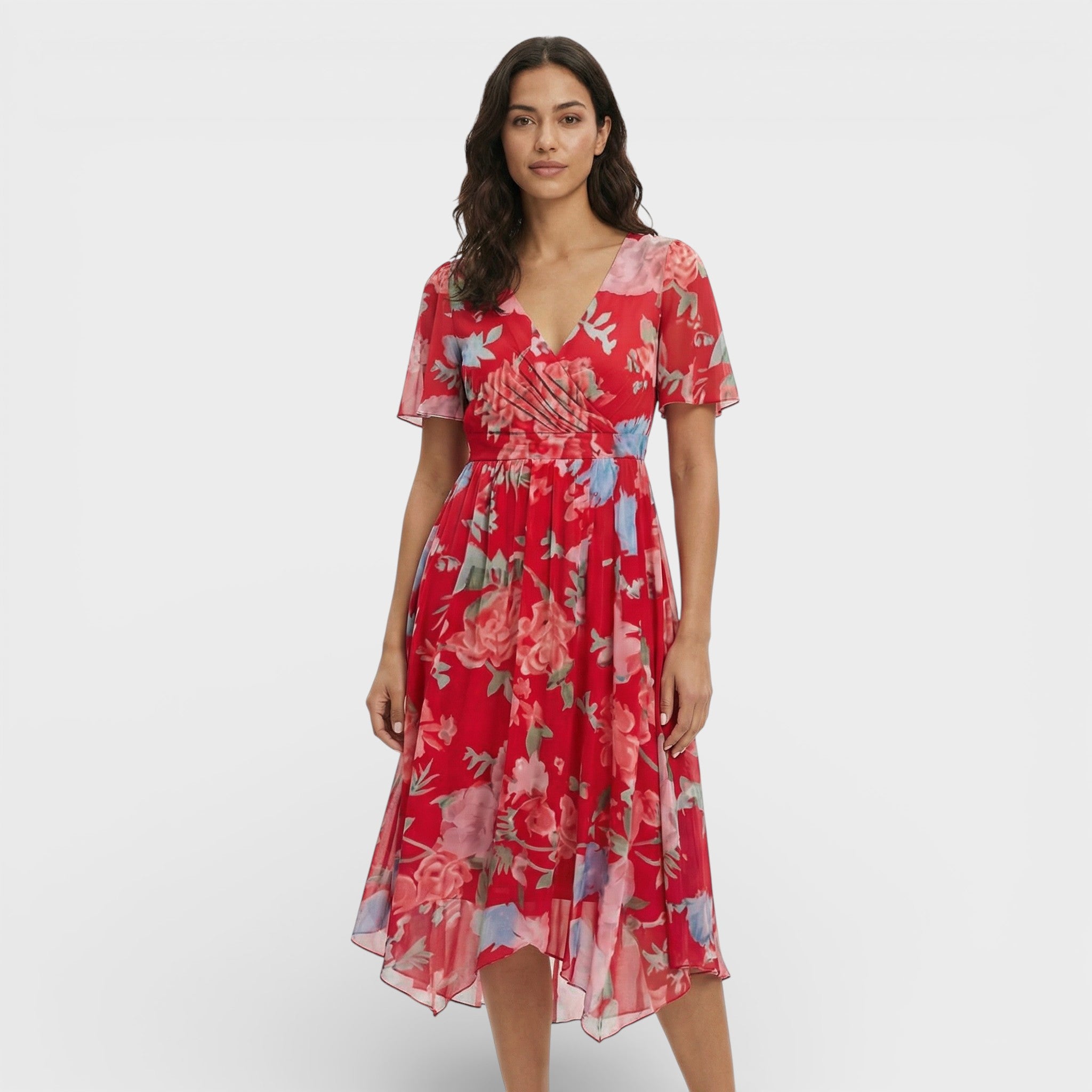 Short Sleeve Midi Dress with V-Neck